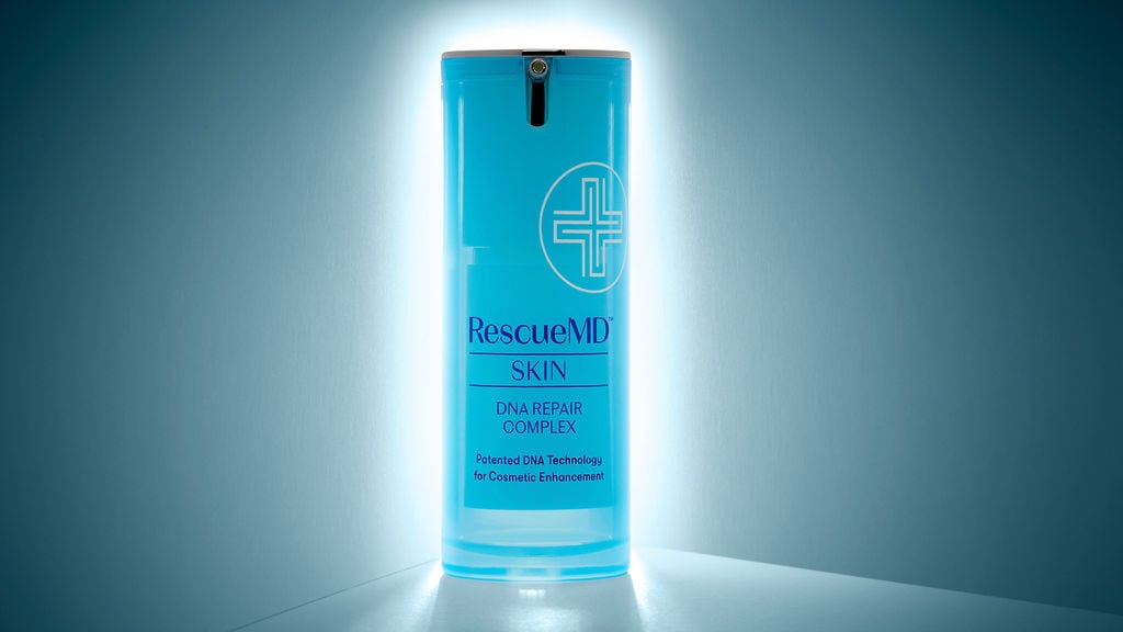 image of backlit rescuemd skin dna repair complex bottle